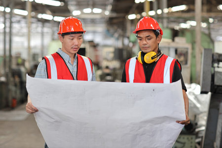 Architect men and worker standing and checking at heavy industry manufacturing factory with blueprint. Asian business manager looking in future with warehouse factory buildingの写真素材