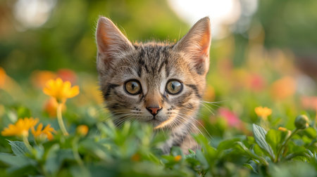 Portrait of cute little kitten in a sunny summer garden.の素材
