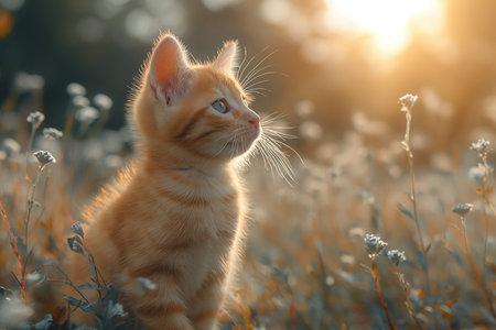 Portrait of cute little kitten in a sunny summer garden.の素材