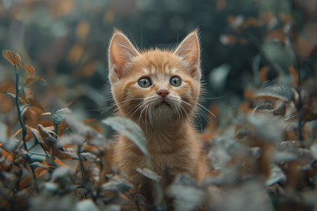 Portrait of cute little kitten in a sunny summer garden.の素材