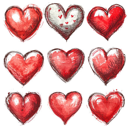 Doodle seamless pattern with hearts from hand drawing for valentineâs day. Set of red heard and love symbol graphic collection. Generative aiの素材