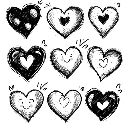 Doodle seamless pattern with hearts from hand drawing for valentineâs day. Set of red heard and love symbol graphic collection. Generative aiの素材
