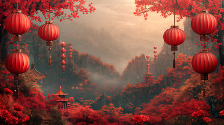 Several lanterns hanging from a cherry blossom tree with red flowers. Background image for Chinese New Year celebrations. Generative aiの素材