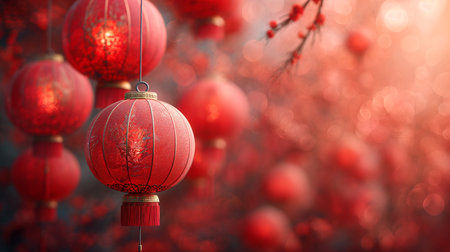 Several lanterns hanging from a cherry blossom tree with red flowers. Background image for Chinese New Year celebrations. Generative aiの素材