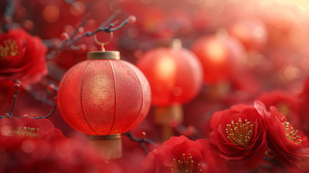 Several lanterns hanging from a cherry blossom tree with red flowers. Background image for Chinese New Year celebrations. Generative aiの素材
