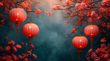 Several lanterns hanging from a cherry blossom tree with red flowers. Background image for Chinese New Year celebrations. Generative aiの素材