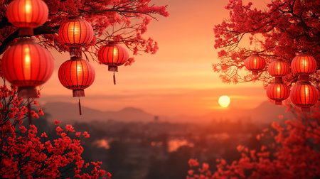 Several lanterns hanging from a cherry blossom tree with red flowers. Background image for Chinese New Year celebrations. Generative aiの素材
