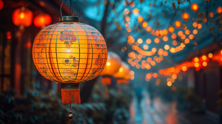 Several lanterns hanging from a cherry blossom tree with red flowers. Background image for Chinese New Year celebrations. Generative aiの素材