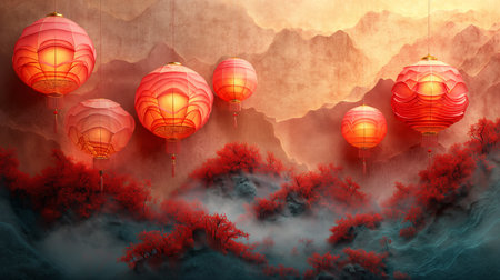 Several lanterns hanging from a cherry blossom tree with red flowers. Background image for Chinese New Year celebrations. Generative aiの素材
