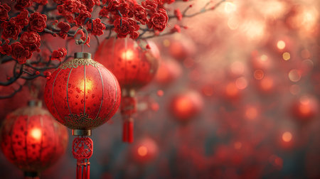 Several lanterns hanging from a cherry blossom tree with red flowers. Background image for Chinese New Year celebrations. Generative aiの素材