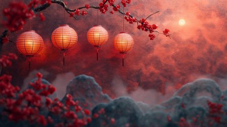 Several lanterns hanging from a cherry blossom tree with red flowers. Background image for Chinese New Year celebrations. Generative aiの素材