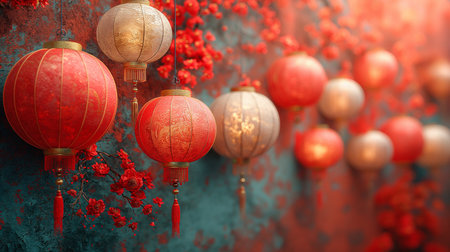 Several lanterns hanging from a cherry blossom tree with red flowers. Background image for Chinese New Year celebrations. Generative aiの素材