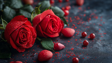Beautiful bouquet red rose of love wallpapers background with glitter, bokeh lights, romantic and charm atmosphere in background. Valentine concept. Generative Aiの素材