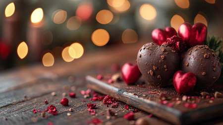 Stack of dark chocolates and raspberries on top of table with lights in background, romantic and charm atmosphere background. Valentine concept. Generative Aiの素材