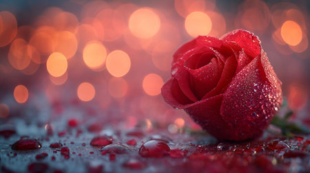 Beautiful red rose of love wallpapers background with glitter, bokeh lights, romantic and charm atmosphere in background. Valentine concept. Generative Aiの素材