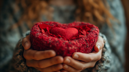 Young woman hands holding red silk with lights in background, romantic and charm atmosphere background. Valentine concept. Generative Aiの素材
