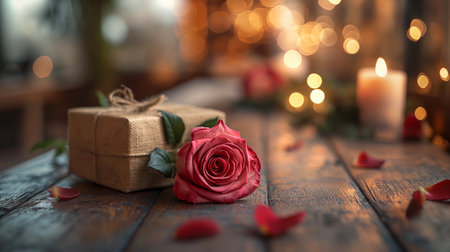 Beautiful red roses and gift box of love wallpapers background with glitter, bokeh lights, romantic and charm atmosphere in background. Valentine concept. Generative Aiの素材
