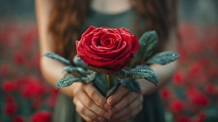 Young woman hands holding red rose with lights in background, romantic and charm atmosphere background. Valentine concept. Generative Aiの素材
