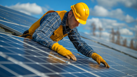 Professional technician in safety gear meticulously installs modern solar panels on a residential rooftop under a clear blue sky.の素材