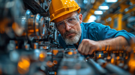 Mechanic Engineer Concentrating on Machinery Maintenance at industrial machinery. generative aiの素材