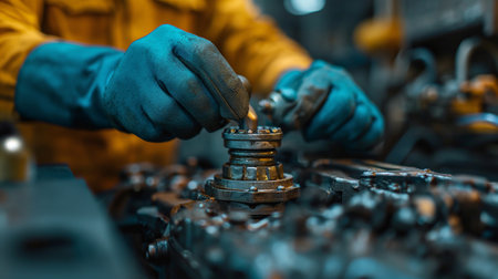 Mechanic Engineer Concentrating on Machinery Maintenance at industrial machinery. generative aiの素材