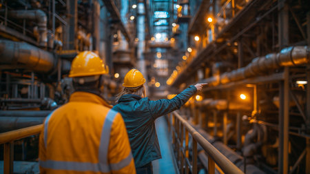 Group of engineer stands contemplatively overseeing operations of industrial facility. generative aiの素材