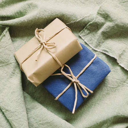 Gift on green cloth backgroundの写真素材