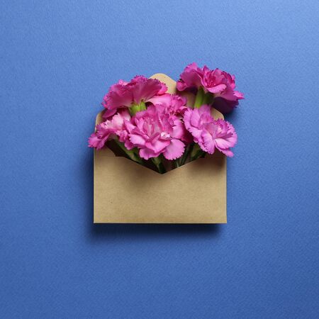 Pink spray carnation flowers in kraft envelope on dark blue background. Floral composition, flat lay, top view, copy spaceの写真素材