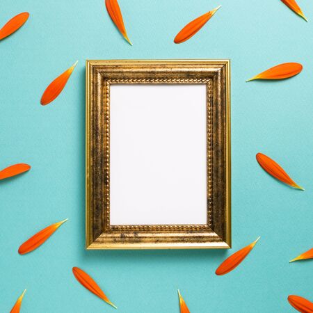Empty photo frame with orange gerbera daisy flower petals on blue background. Floral composition, flat lay, top view, copy spaceの写真素材