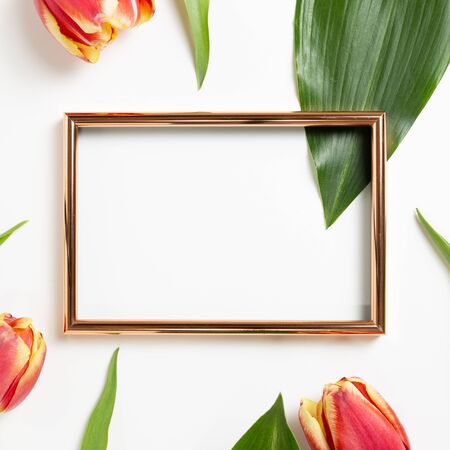 Empty photo frame with red tulip flowers on white background. Floral composition, flat lay, top viewの写真素材