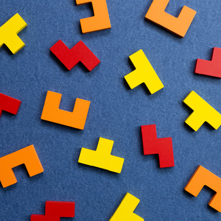 Color blocks on blue background. Creative thinking, idea concept. top viewの写真素材