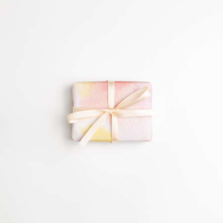 Pink gift box isolated on white background. top view, copy spaceの写真素材