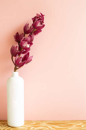 Vase of cymbidium flowers on wooden table. pink backgroundの写真素材