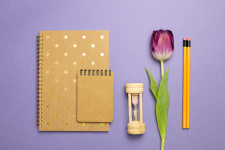 Notebook, hourglass, tulip, pencil on purple background. flat lay, top view, copy space. Work and study placeの写真素材