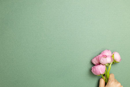 Hand holding pink ranunculus flowers on green background. flat lay, top view, copy space