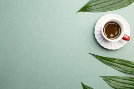 Cup of coffee with green leaf on green background. flat lay, top view, copy spaceの写真素材