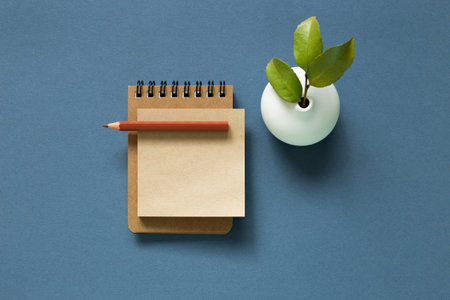 Notebook and colored pencil and vase of plant on desk. navy blue background. flat lay, top view,...