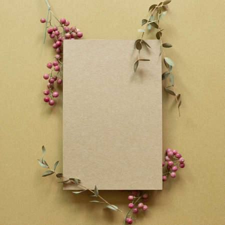 Brown kraft memo pad with eucalyptus leaf and red fruit on brown background. top view, copy spaceの写真素材