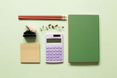 Notepad, stapler, pencil, calculator, notebook, eucalyptus leaf on green background. workspace. flat lay, top viewの写真素材