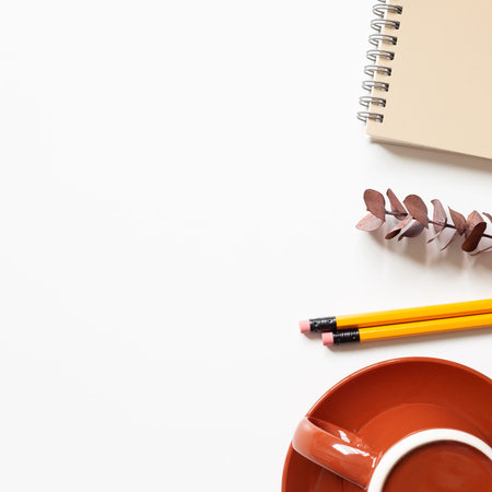 Notebook, eucalyptus leaf, pencil, coffee cup on white background. flat lay, top view, copy space. workspaceの写真素材