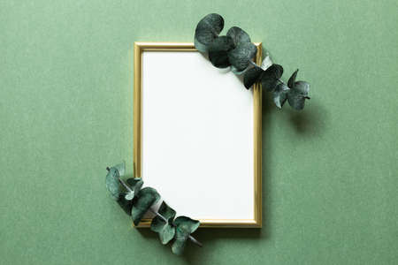 Empty photo frame with eucalyptus leaf on green background. top view, copy spaceの写真素材