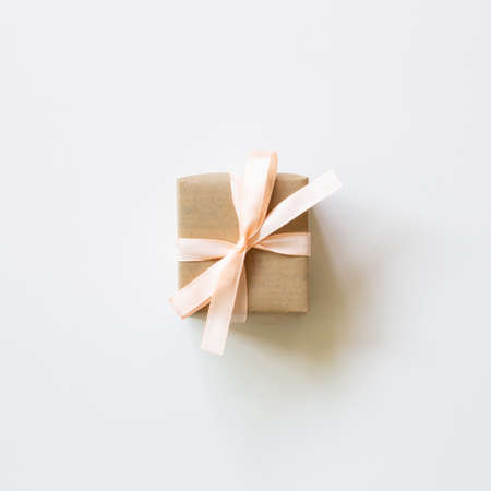 Brown gift box isolated on white background. top view, copy spaceの写真素材