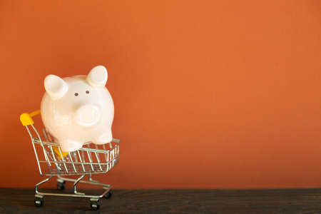 Pink piggy bank in shopping cart on wooden desk. red wall backgroundの写真素材