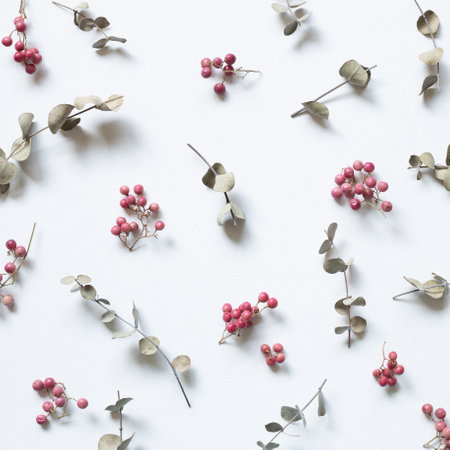 Floral pattern eucalyptus and fruit on white background. flat lay, top viewの写真素材