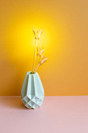 Vase of dry flowers on pink table. orange wall background. home interiorの写真素材