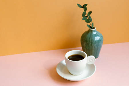 White cup of coffee with vase of green leaf on pink table. orange wall background. copy spaceの写真素材
