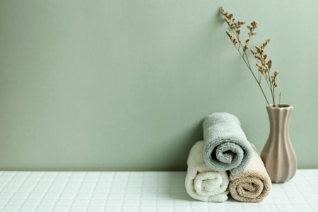 Bathroom towel and dry flower on white table. khaki green wall background. skin care and spa conceptの写真素材