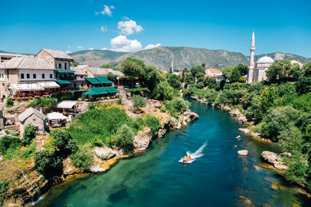 Mostar old town and river in Bosnia and Herzegovinaのeditorial素材