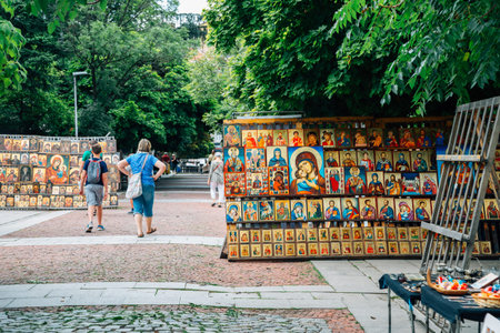Sofia, Bulgaria - August 4, 2019: Alexander Nevsky Cathedral square market