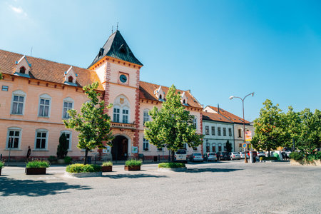 Lednice, Czech Republic - June 20, 2019: Lednice Municipal office and bus station squareのeditorial素材